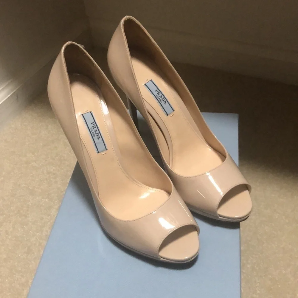 PRADA Nude Patent Leather Platform Peep Toe Pumps size 39